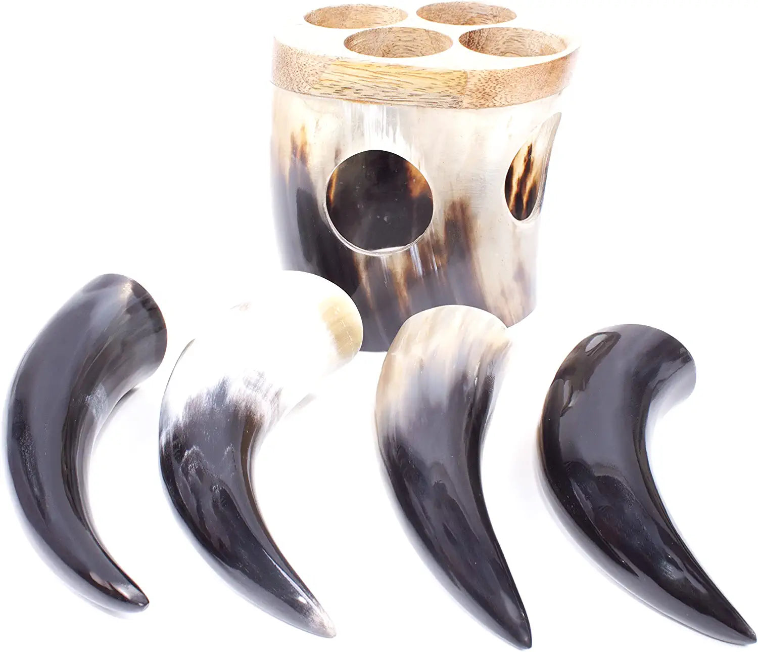 Laniti Viking Drinking Horn Shotglass Medieval Style Genuine Ox Horn - 4 Set Horn Shots with Stand