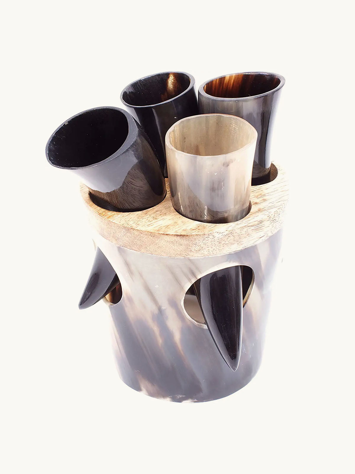 Laniti Viking Drinking Horn Shotglass Medieval Style Genuine Ox Horn - 4 Set Horn Shots with Stand